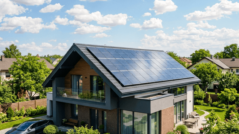 Solar panels on a residential roof under a clear blue sky